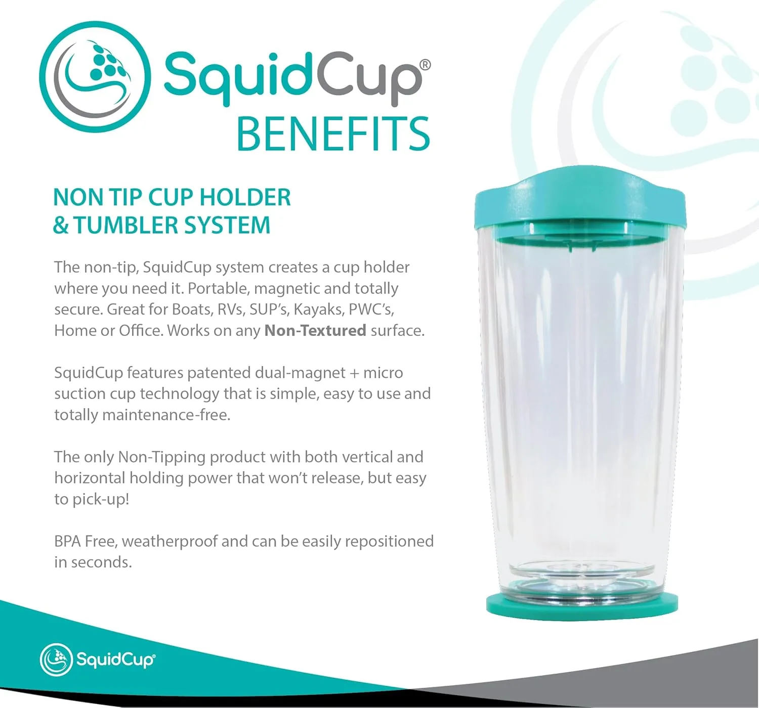 Non Tip Boat Cup Holder & Tumbler System, Portable, Double Wall Insulated, Magnetic & Suction for SUP's, Kayaks, RVs, ATV, Garage and More