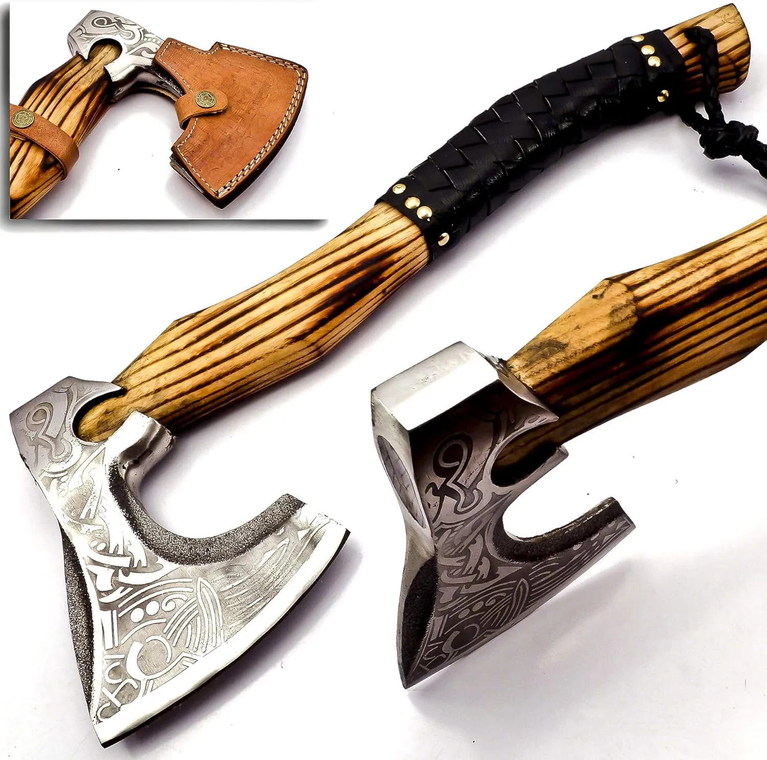 NOORAKI 17" Camping Axe Hatchet Tomahawk | Handmade Damascus Carbon Steel Hunting Viking Axe, Chopping Axe, Throwing Axe, Gardening & Bushcraft Axe for Outdoor Wood | Viking Gifts for Men with Sheath
