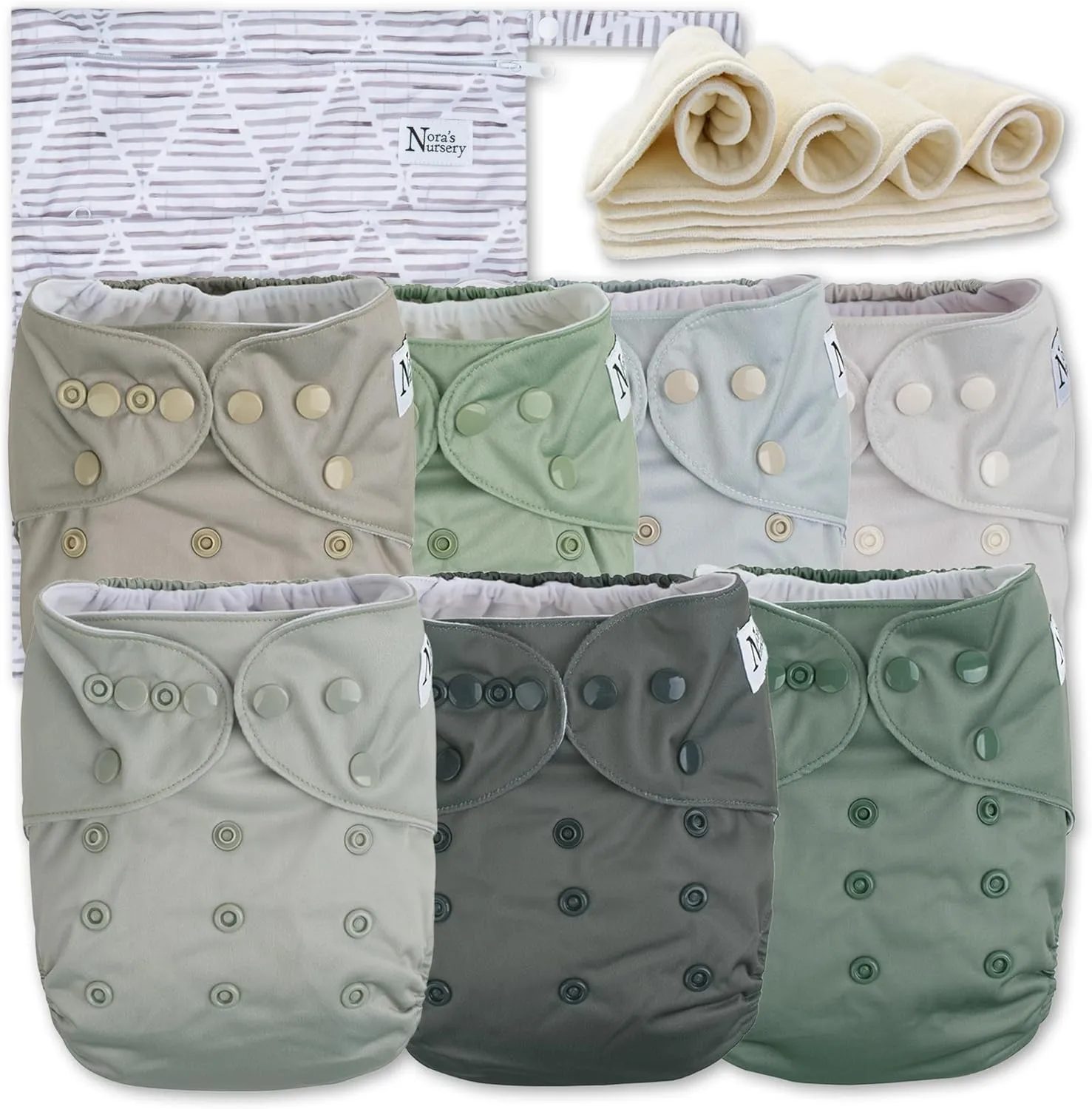 Nora's Nursery Morning Dew Cloth Diapers 7 Pack with 7 Inserts & 1 Wet Bag - Waterproof Cover, Washable, Reusable & One Size Adjustable Pocket Diapers for Newborns and Toddlers