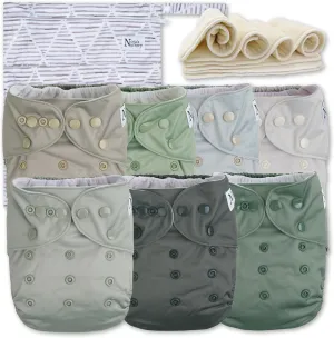 Nora's Nursery Morning Dew Cloth Diapers 7 Pack with 7 Inserts & 1 Wet Bag - Waterproof Cover, Washable, Reusable & One Size Adjustable Pocket Diapers for Newborns and Toddlers