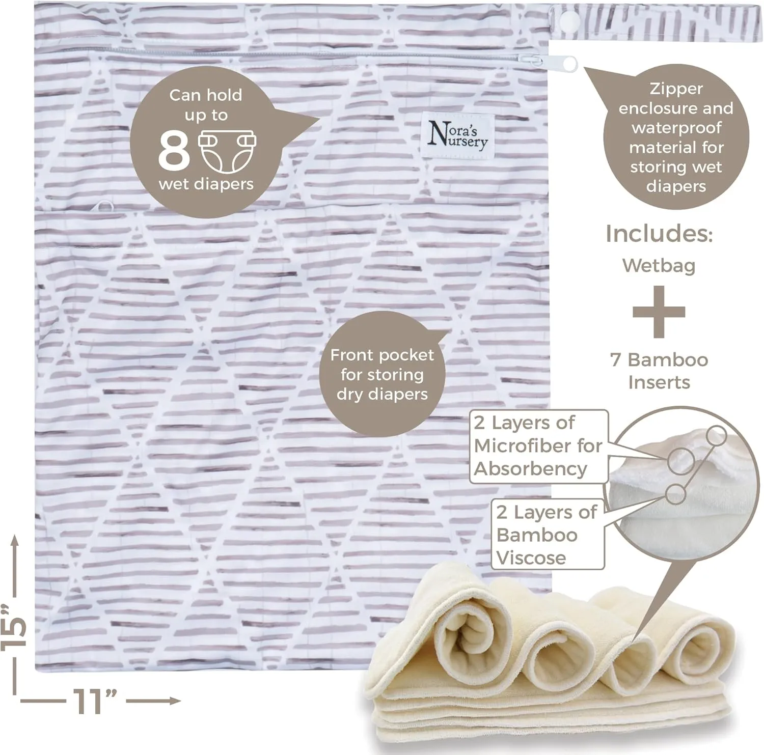 Nora's Nursery Morning Dew Cloth Diapers 7 Pack with 7 Inserts & 1 Wet Bag - Waterproof Cover, Washable, Reusable & One Size Adjustable Pocket Diapers for Newborns and Toddlers