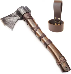 Norse Tradesman 14" Viking Throwing Axe - Fully Sharpened Norse Hand-Axe - Carbon Steel Axe Head with Premium Leather Cross Stitch   Handmade Genuine Leather Axe Holster with Belt Loop