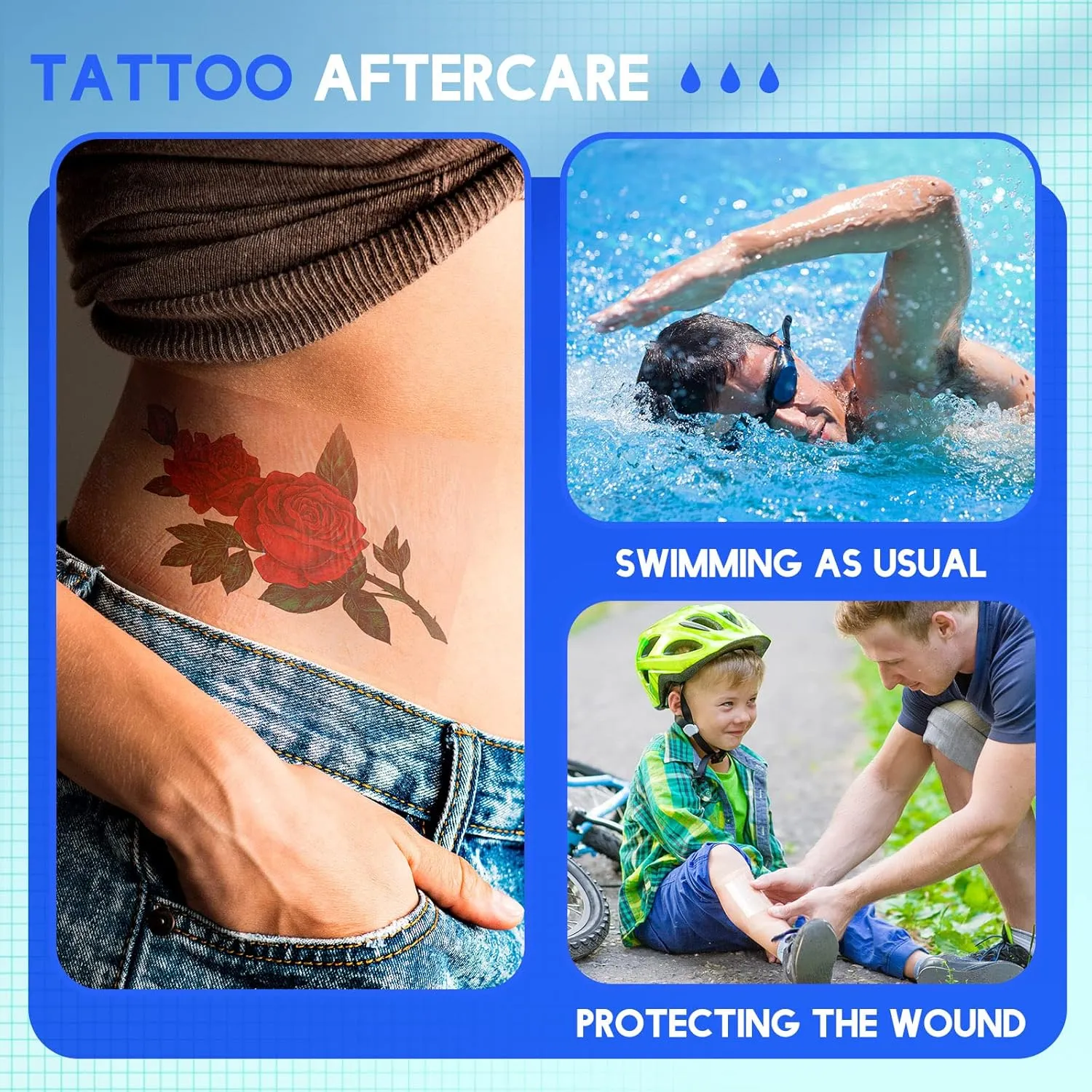 Nuanchu 9 Rolls Tattoo Aftercare Bandage Waterproof Transparent Stretch Adhesive Bandages Tape Clear Tattoo Film Wrap for Swimming, 3 Sizes(4 Inch, 6 Inch, 8 Inch Wide)