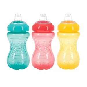 Nuby 3 Pack No Spill Toddler Sippy Cups - Toddler Cups Spill Proof with Easy and Firm Grip - Aqua, Coral, Yellow
