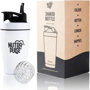 Nutra Pulse Protein Shaker Bottle With Mixing Ball– Durable Blender Bottle Shaker Cup for Smoothies & Protein Shakes, BPA-Free Shaker, Leak-Proof Blender Cup, Dishwasher Safe, 500ml (16 oz), White