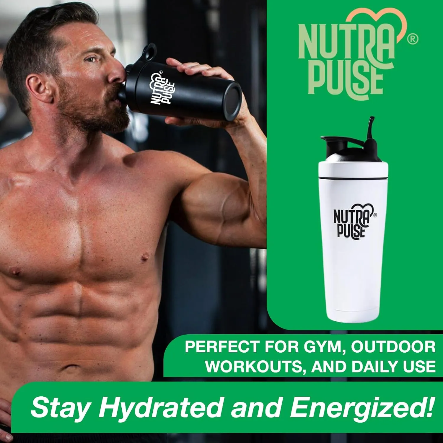 Nutra Pulse Protein Shaker Bottle With Mixing Ball– Durable Blender Bottle Shaker Cup for Smoothies & Protein Shakes, BPA-Free Shaker, Leak-Proof Blender Cup, Dishwasher Safe, 500ml (16 oz), White