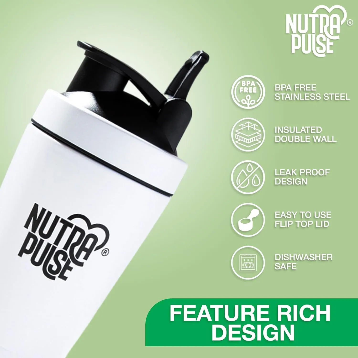 Nutra Pulse Protein Shaker Bottle With Mixing Ball– Durable Blender Bottle Shaker Cup for Smoothies & Protein Shakes, BPA-Free Shaker, Leak-Proof Blender Cup, Dishwasher Safe, 500ml (16 oz), White