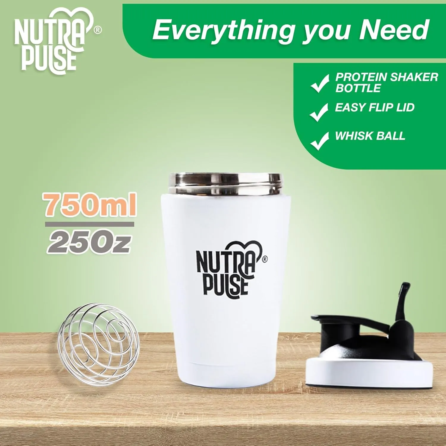 Nutra Pulse Protein Shaker Bottle With Mixing Ball– Durable Blender Bottle Shaker Cup for Smoothies & Protein Shakes, BPA-Free Shaker, Leak-Proof Blender Cup, Dishwasher Safe, 500ml (16 oz), White