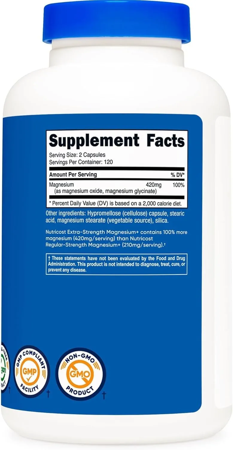 Nutricost Magnesium  Extra Strength 420mg, 240 Capsules - 120 Servings. Magnesium Oxide and Glycinate - Non-GMO, Gluten Free, Vegan Friendly