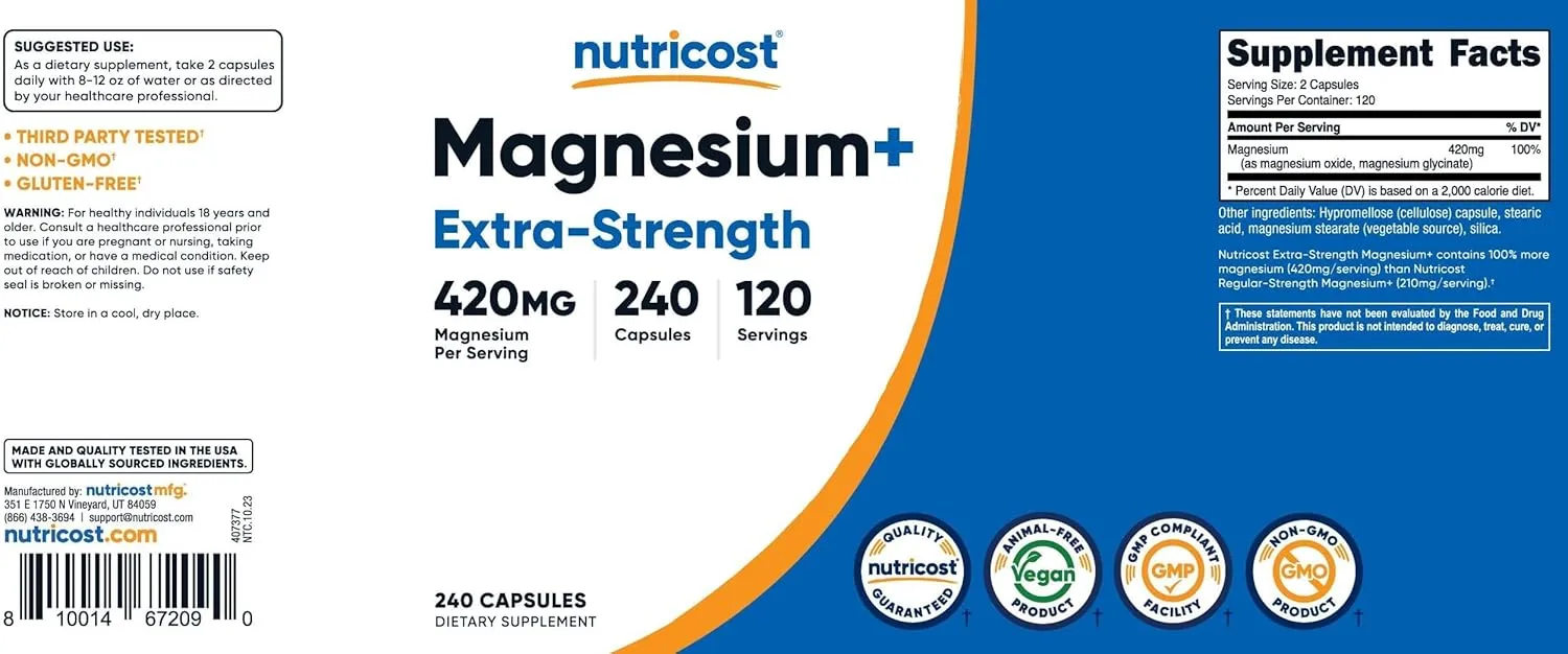 Nutricost Magnesium  Extra Strength 420mg, 240 Capsules - 120 Servings. Magnesium Oxide and Glycinate - Non-GMO, Gluten Free, Vegan Friendly