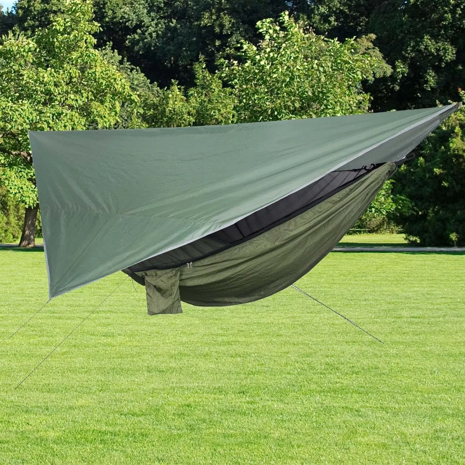 Nylon Camping Hammock with Net Tent Tarp for Outdoor Use and Rain Protection, Green and Green