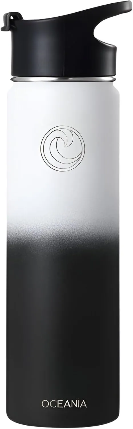 Oceania Flask 22oz Stainless Steel Water Bottles | Modern, Leakproof, Hydro BPA-Free, Insulated Water Bottle with 3 Lids, 3 Straws & 2 Straw Cleaning Brushes | Simple Camping & Hiking Water Bottles