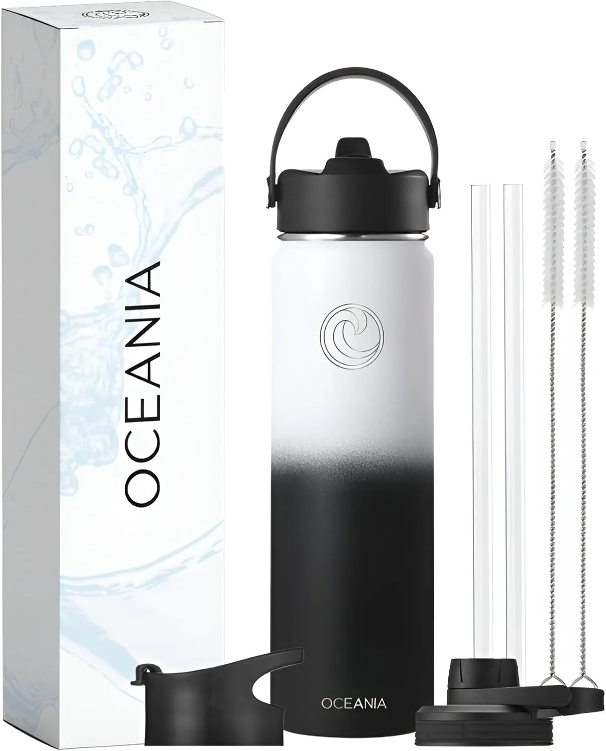 Oceania Flask 22oz Stainless Steel Water Bottles | Modern, Leakproof, Hydro BPA-Free, Insulated Water Bottle with 3 Lids, 3 Straws & 2 Straw Cleaning Brushes | Simple Camping & Hiking Water Bottles