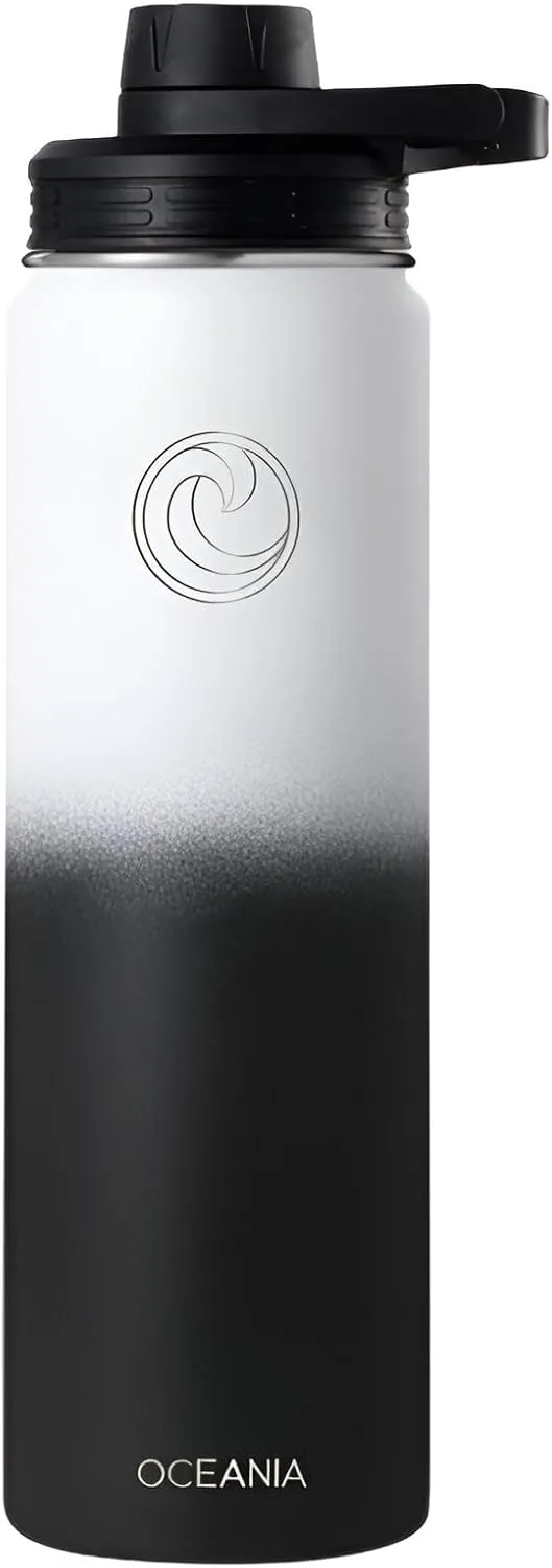 Oceania Flask 22oz Stainless Steel Water Bottles | Modern, Leakproof, Hydro BPA-Free, Insulated Water Bottle with 3 Lids, 3 Straws & 2 Straw Cleaning Brushes | Simple Camping & Hiking Water Bottles