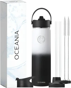 Oceania Flask 22oz Stainless Steel Water Bottles | Modern, Leakproof, Hydro BPA-Free, Insulated Water Bottle with 3 Lids, 3 Straws & 2 Straw Cleaning Brushes | Simple Camping & Hiking Water Bottles