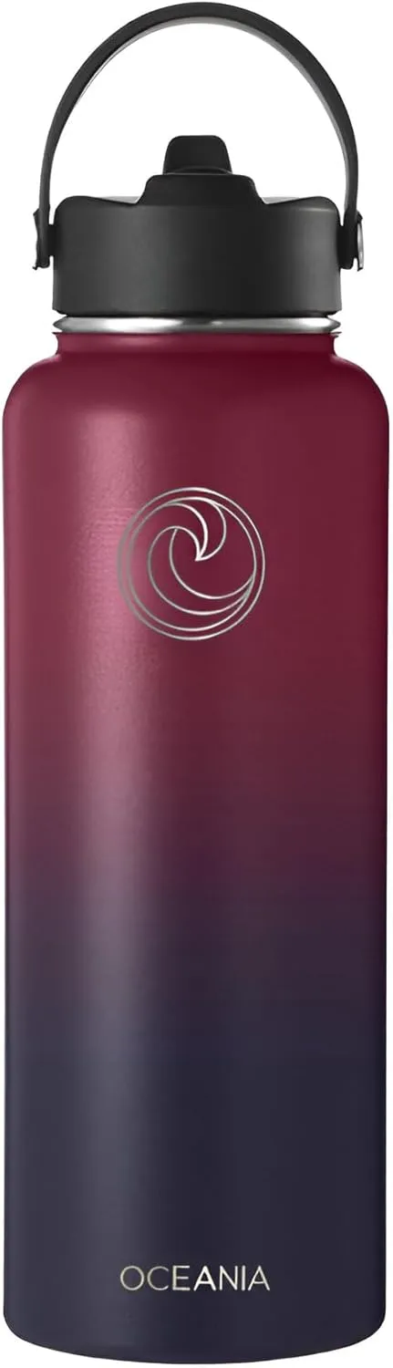 Oceania Flask 40oz Stainless Steel Water Bottles | Modern, Leakproof, Hydro BPA-Free, Insulated Water Bottle with 3 Lids, 3 Straws & 2 Straw Cleaning Brushes | Simple Camping & Hiking Water Bottles