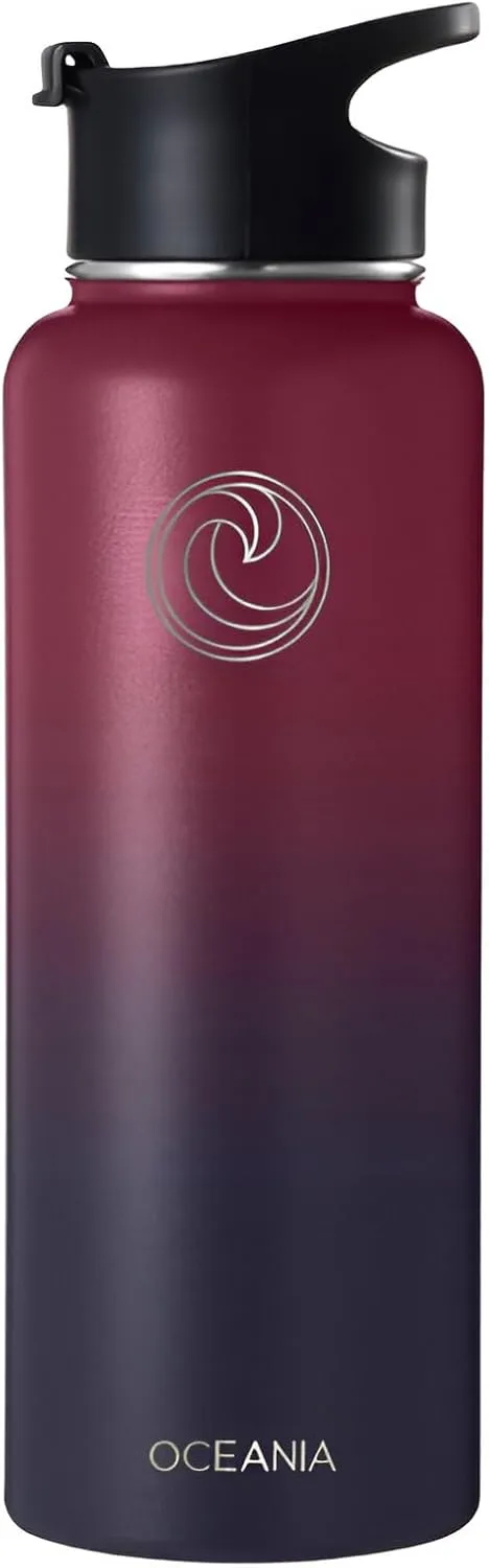 Oceania Flask 40oz Stainless Steel Water Bottles | Modern, Leakproof, Hydro BPA-Free, Insulated Water Bottle with 3 Lids, 3 Straws & 2 Straw Cleaning Brushes | Simple Camping & Hiking Water Bottles