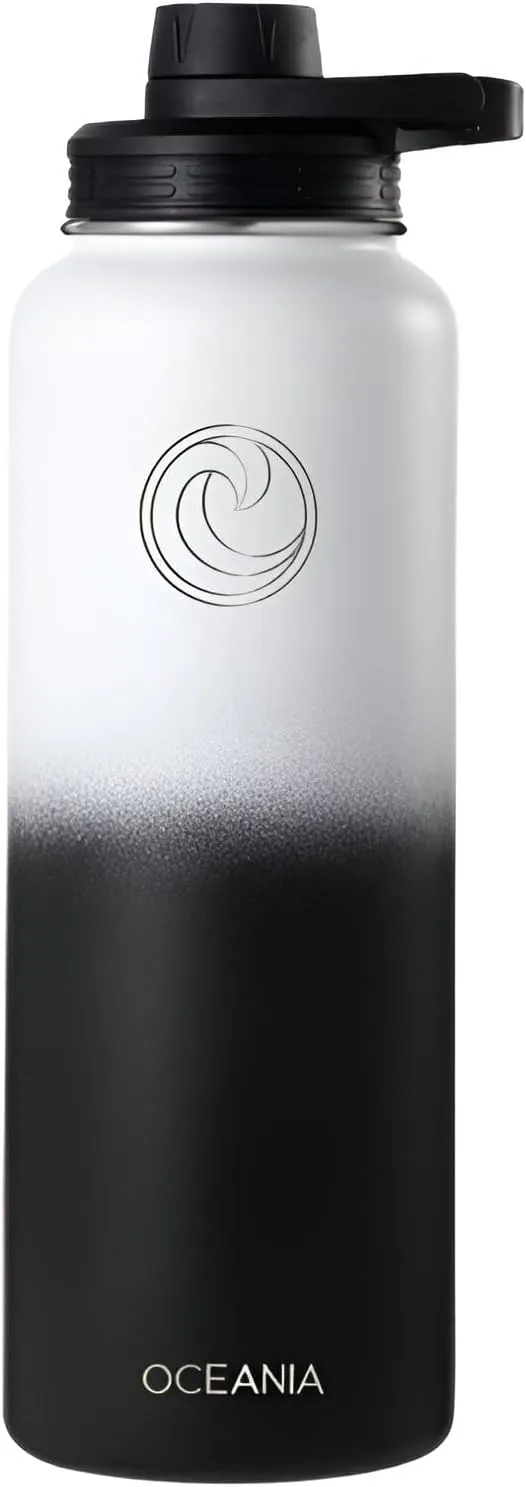 Oceania Flask 40oz Stainless Steel Water Bottles | Modern, Leakproof, Hydro BPA-Free, Insulated Water Bottle with 3 Lids, 3 Straws & 2 Straw Cleaning Brushes | Simple Camping & Hiking Water Bottles