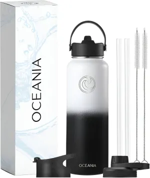 Oceania Flask 40oz Stainless Steel Water Bottles | Modern, Leakproof, Hydro BPA-Free, Insulated Water Bottle with 3 Lids, 3 Straws & 2 Straw Cleaning Brushes | Simple Camping & Hiking Water Bottles
