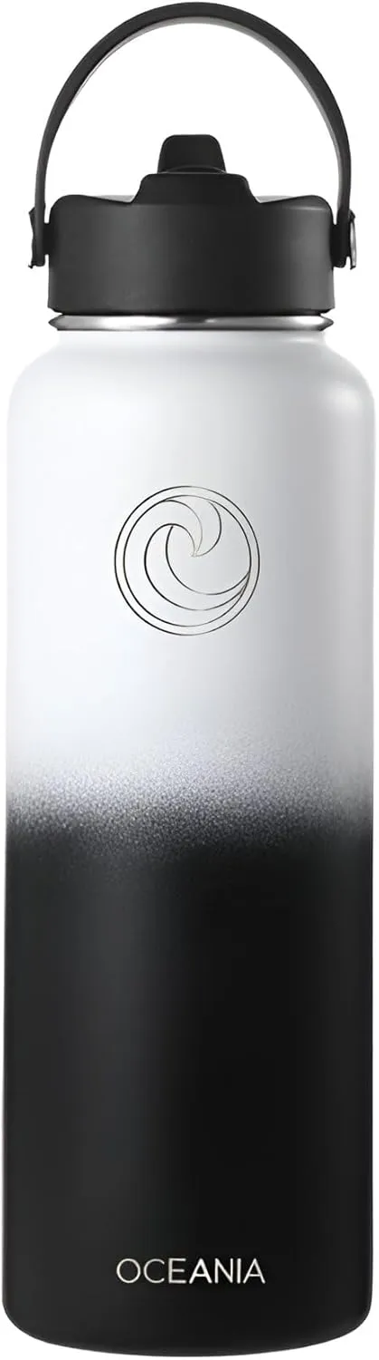 Oceania Flask 40oz Stainless Steel Water Bottles | Modern, Leakproof, Hydro BPA-Free, Insulated Water Bottle with 3 Lids, 3 Straws & 2 Straw Cleaning Brushes | Simple Camping & Hiking Water Bottles
