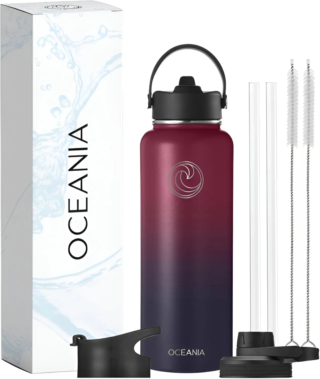 Oceania Flask 40oz Stainless Steel Water Bottles | Modern, Leakproof, Hydro BPA-Free, Insulated Water Bottle with 3 Lids, 3 Straws & 2 Straw Cleaning Brushes | Simple Camping & Hiking Water Bottles