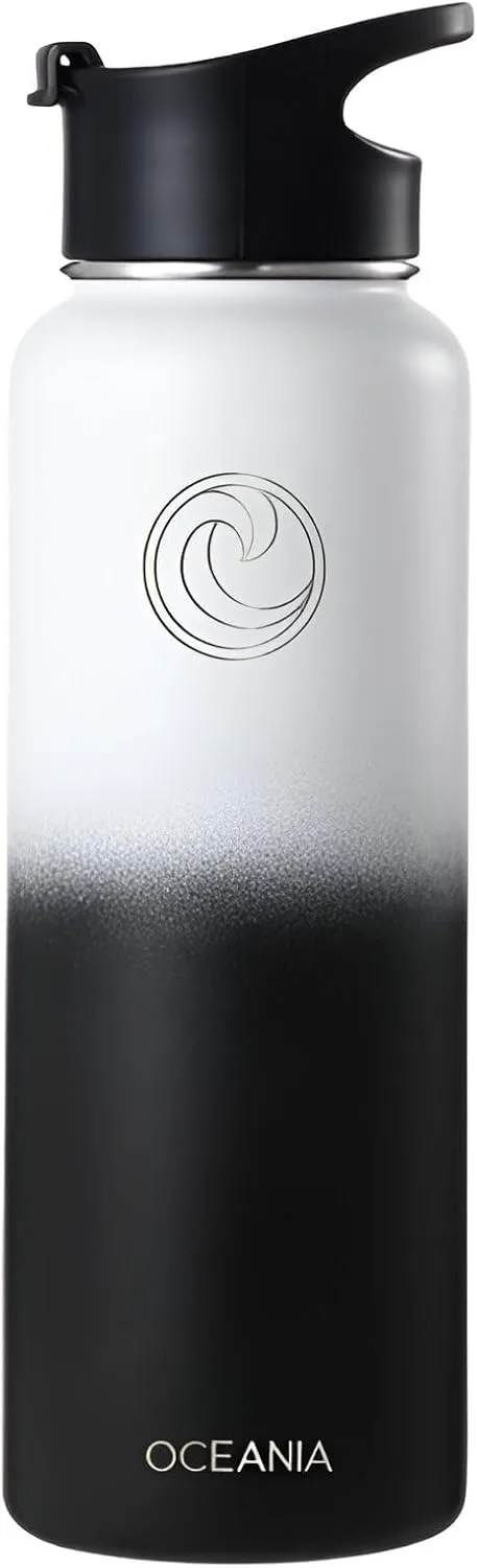 Oceania Flask 40oz Stainless Steel Water Bottles | Modern, Leakproof, Hydro BPA-Free, Insulated Water Bottle with 3 Lids, 3 Straws & 2 Straw Cleaning Brushes | Simple Camping & Hiking Water Bottles