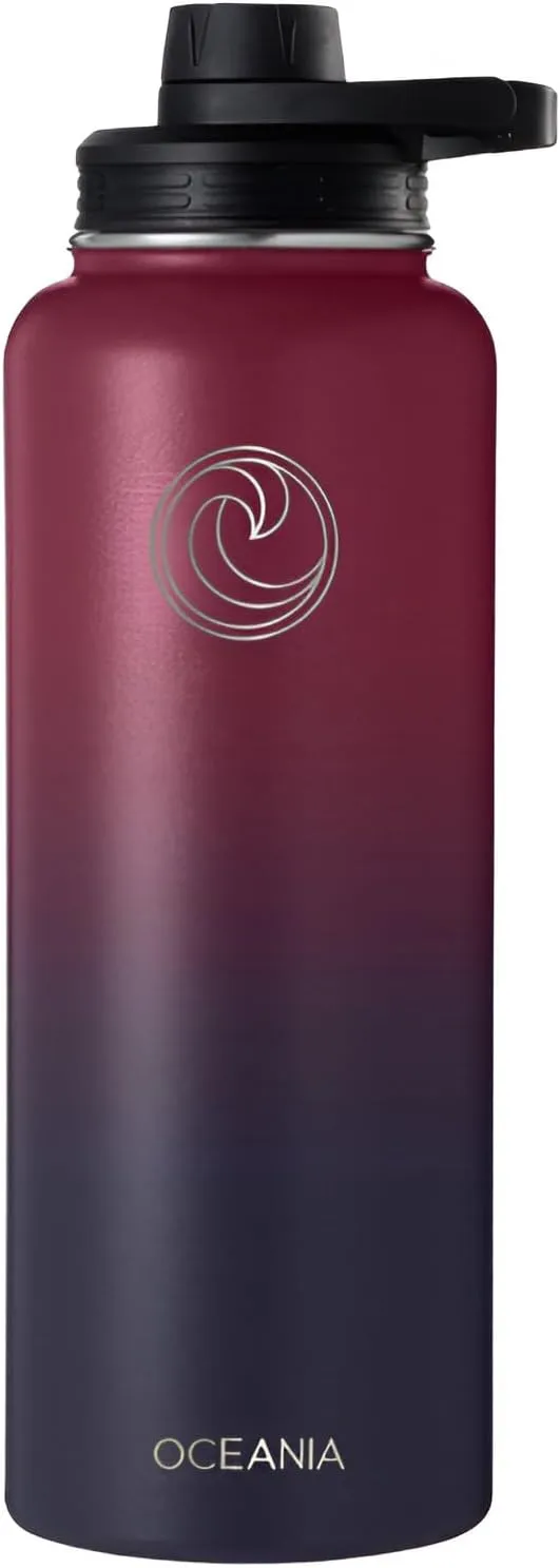 Oceania Flask 40oz Stainless Steel Water Bottles | Modern, Leakproof, Hydro BPA-Free, Insulated Water Bottle with 3 Lids, 3 Straws & 2 Straw Cleaning Brushes | Simple Camping & Hiking Water Bottles