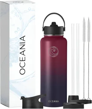 Oceania Flask 40oz Stainless Steel Water Bottles | Modern, Leakproof, Hydro BPA-Free, Insulated Water Bottle with 3 Lids, 3 Straws & 2 Straw Cleaning Brushes | Simple Camping & Hiking Water Bottles