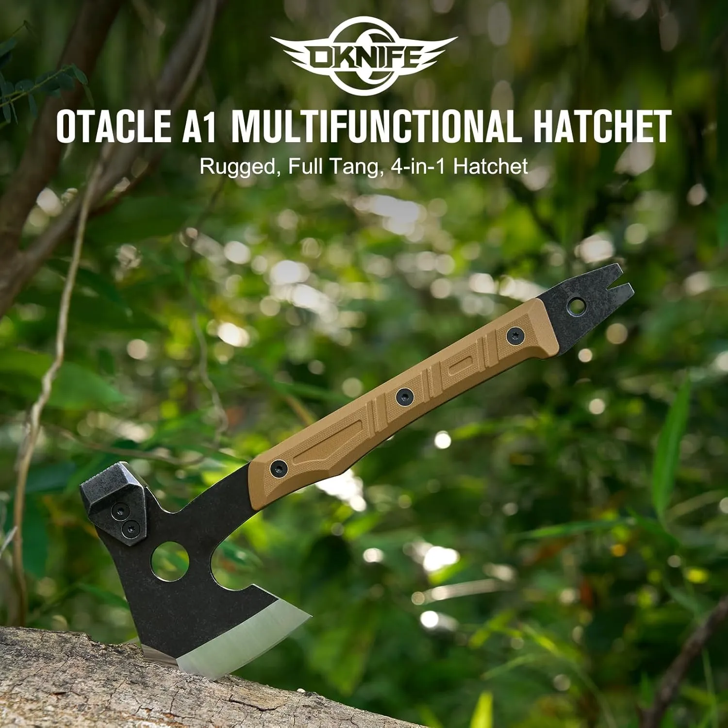 OKNIFE Otacle A1 Survival Hatchet & Camping Axe, 4 in 1 Full Tang Tactical Axe, G10 Non-Slip Grip Tomahawk with Durable Kydex Sheath