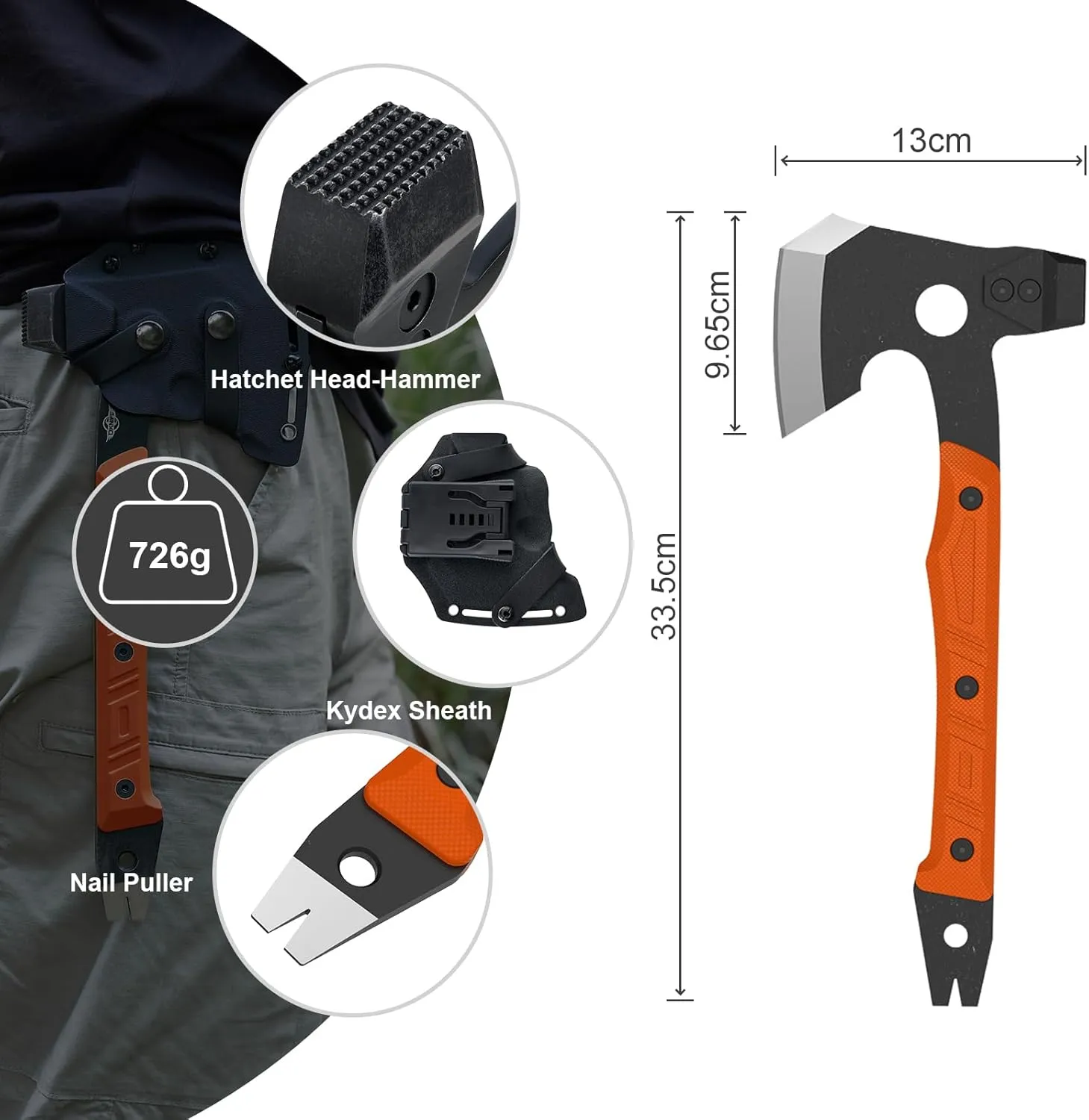OKNIFE Otacle A1 Survival Hatchet & Camping Axe, 4 in 1 Full Tang Tactical Axe, G10 Non-Slip Grip Tomahawk with Durable Kydex Sheath