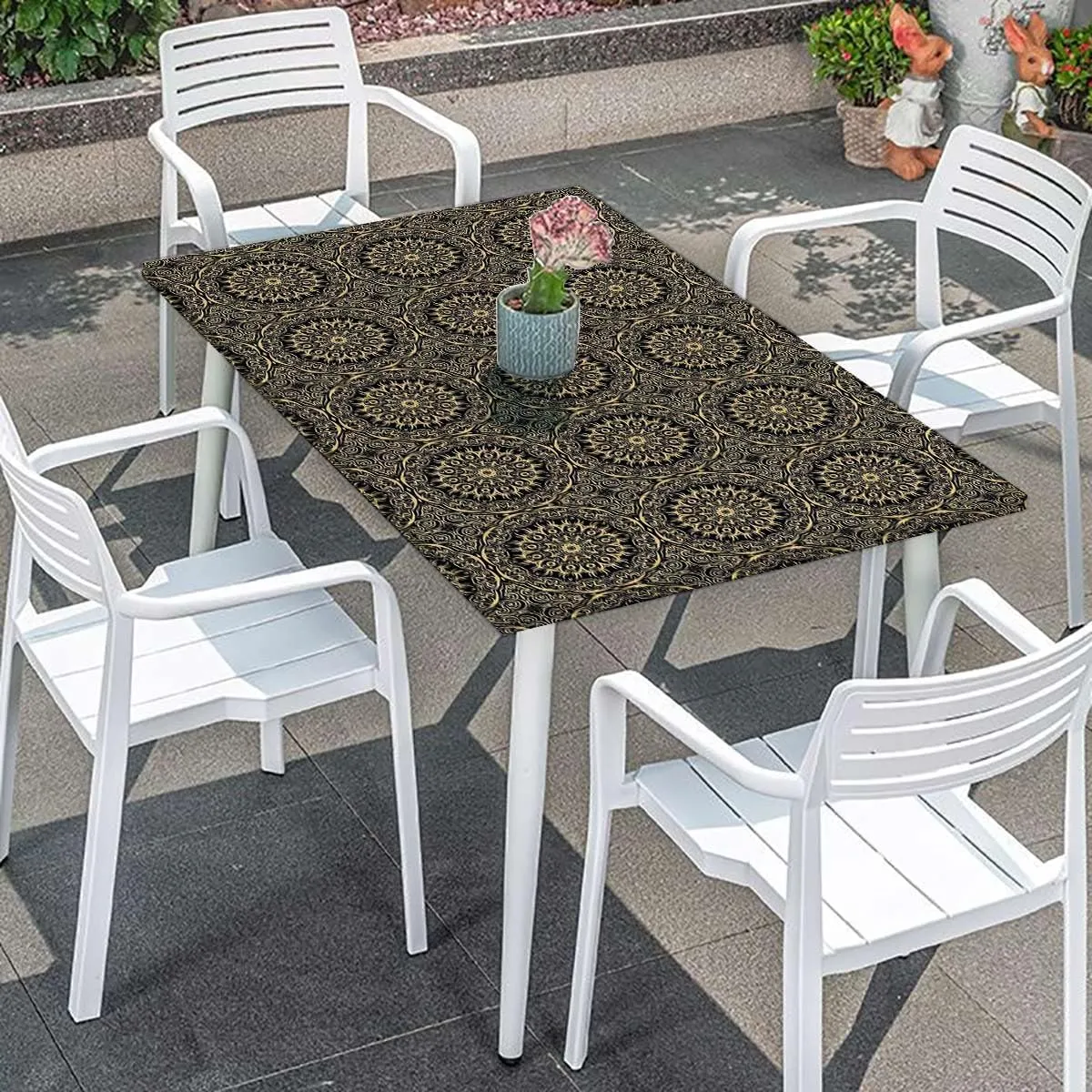 OOzie Gold Black Rectangle Elastic Fitted Tablecloth Kaleidoscopic Universe Balance Elastic Oilproof Waterproof Tablecloth Gold Mandala Fits up 4 Foot Tables