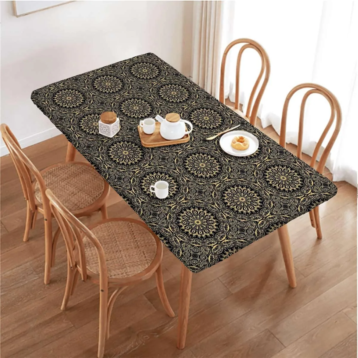 OOzie Gold Black Rectangle Elastic Fitted Tablecloth Kaleidoscopic Universe Balance Elastic Oilproof Waterproof Tablecloth Gold Mandala Fits up 4 Foot Tables