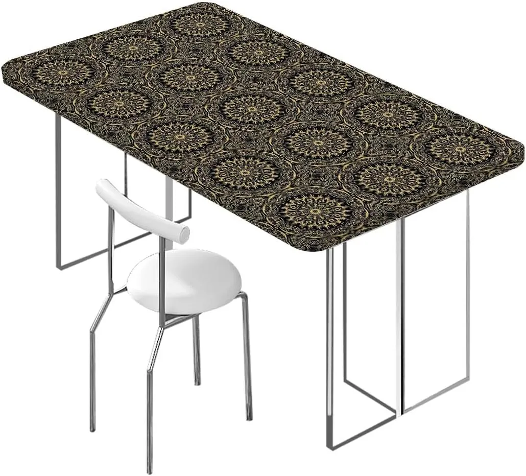OOzie Gold Black Rectangle Elastic Fitted Tablecloth Kaleidoscopic Universe Balance Elastic Oilproof Waterproof Tablecloth Gold Mandala Fits up 4 Foot Tables