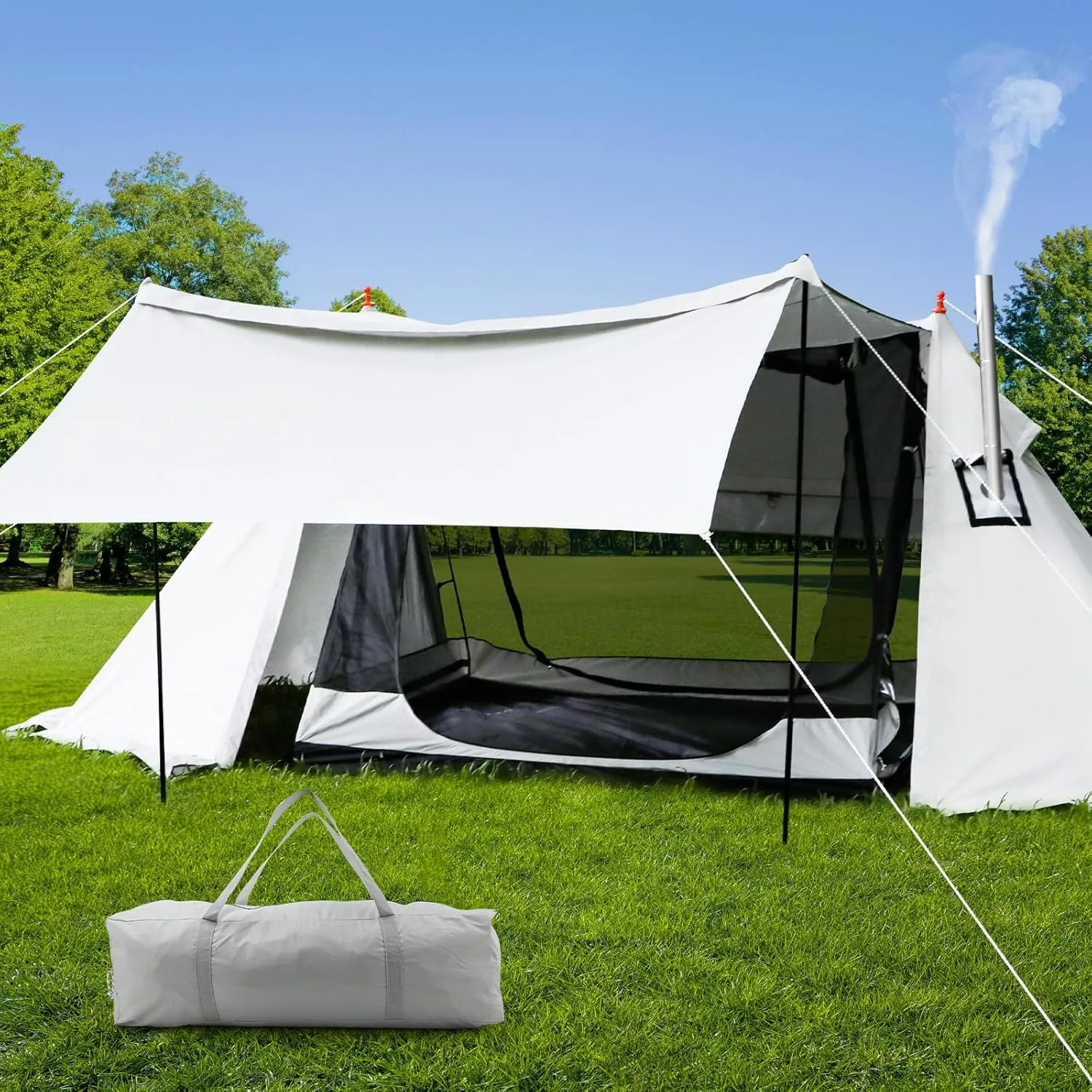 Outdoor Camping Shelter Tent with Chimney Port,4 Season Tent,3-5 Person Tent for Camping Hiking Hunting Fishing BBQ Waterproof Windproof Lightweight