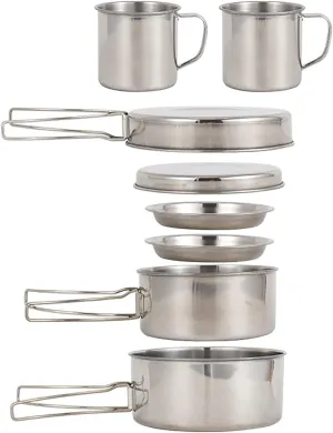 Outdoor Cooking Equipment Camping Cookware Mess Kit 8PCS Stainless Steel Cooking Pot and Pan Set with Plates Cups for Outdoor Camping Hiking Backpacking