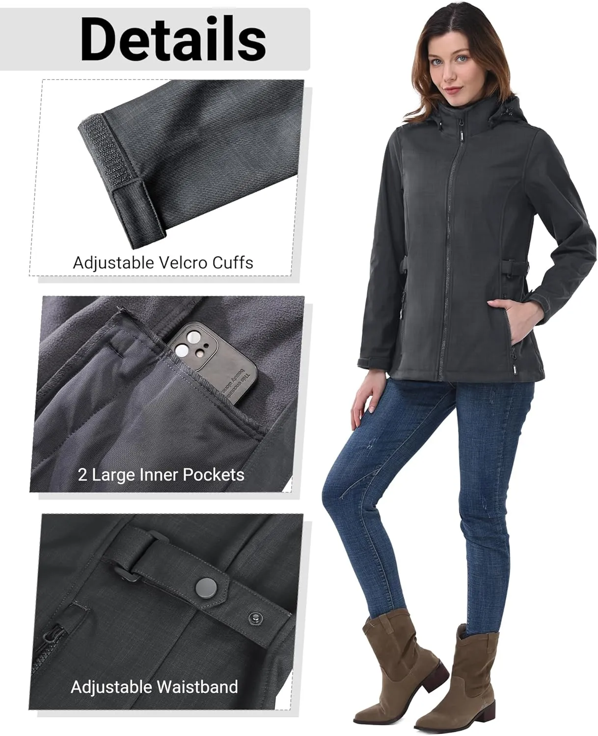 Outdoor Ventures Women's Softshell Jacket with Removable Hood, Insulated Windbreaker Waterproof Warm Fleece Lined Coat