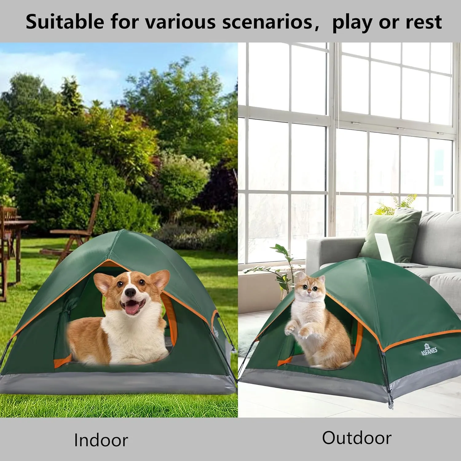 Outdoor Waterproof Pet Camping Tent, Cave Bed for Indoor Cats and Small Dogs, Portable Cat House Dog House, 39.3x39.3x23.6'', Green, L.