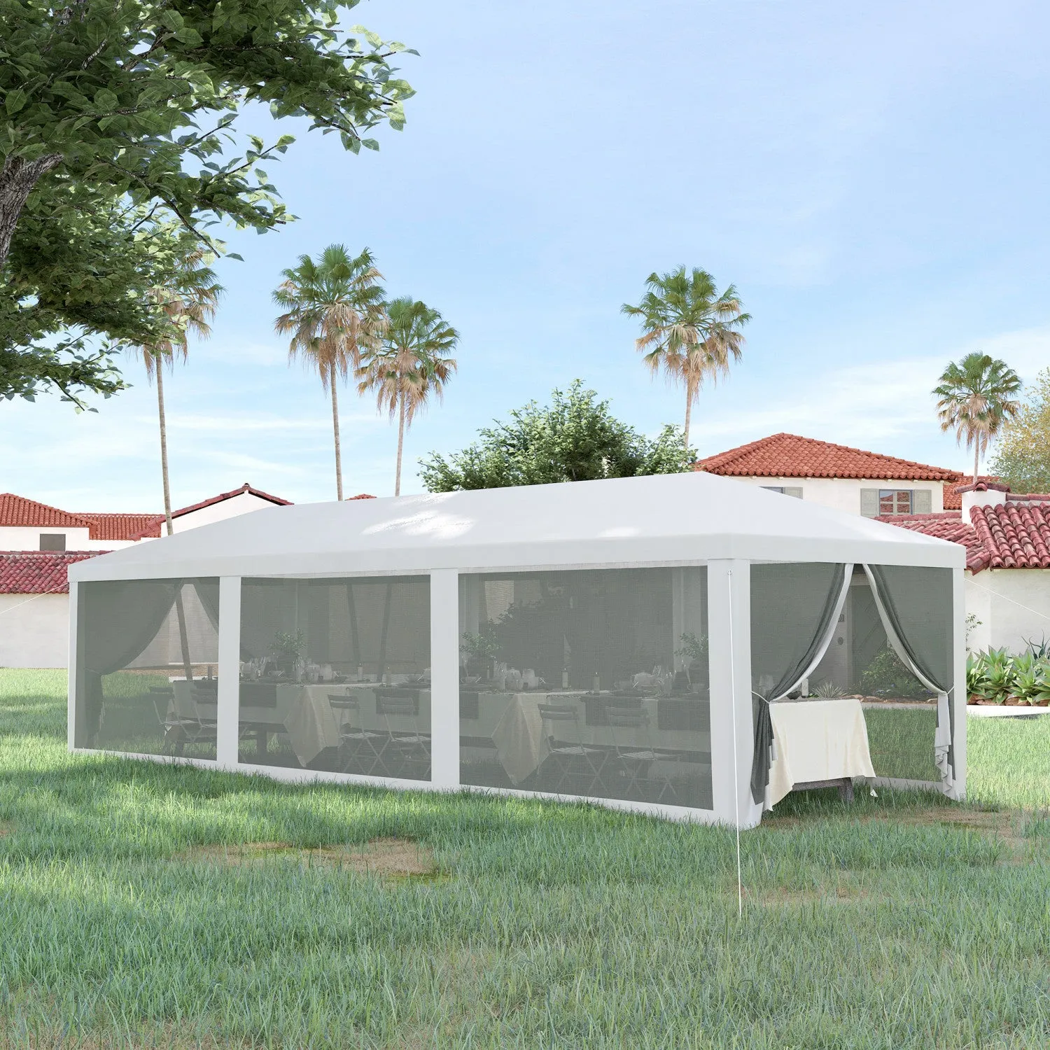 Outsunny 10' X 28' Party Tent Outdoor Canopy Garden Sun Shade With 8 Mosquito Mesh Netting And Zippe|Outsunny Tente De Reception 10' X 28' Gazebo Avec 8 Filets A Mailles, Blanc