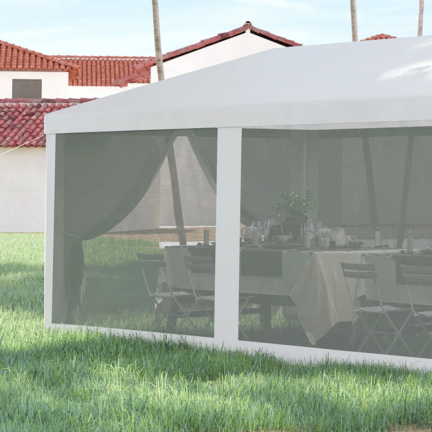 Outsunny 10' X 28' Party Tent Outdoor Canopy Garden Sun Shade With 8 Mosquito Mesh Netting And Zippe|Outsunny Tente De Reception 10' X 28' Gazebo Avec 8 Filets A Mailles, Blanc