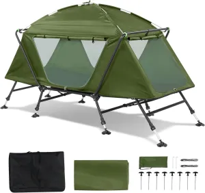 Outvita Camping Cot, 1 Person Folding Tent Cot w/Adjustable Feet, Sunshade, Portable Bag, Elevated Single Hiking Shelter Off-Ground for Fishing, Backpacking, Travel, Army Green