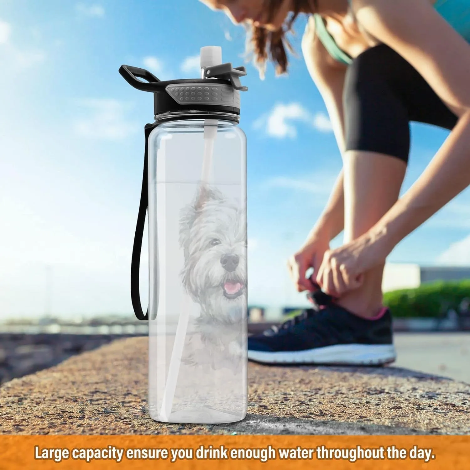 Oyihfvs West Highland White Terrier Breed Dog Painting on White Transparent Sports Water Bottle 32 Oz, with Straw Lid Leakproof Reusable Water Bottle, Water Bottle for Fitness Gym Outdoor
