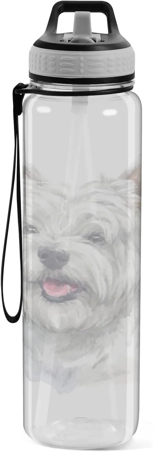 Oyihfvs West Highland White Terrier Breed Dog Painting on White Transparent Sports Water Bottle 32 Oz, with Straw Lid Leakproof Reusable Water Bottle, Water Bottle for Fitness Gym Outdoor