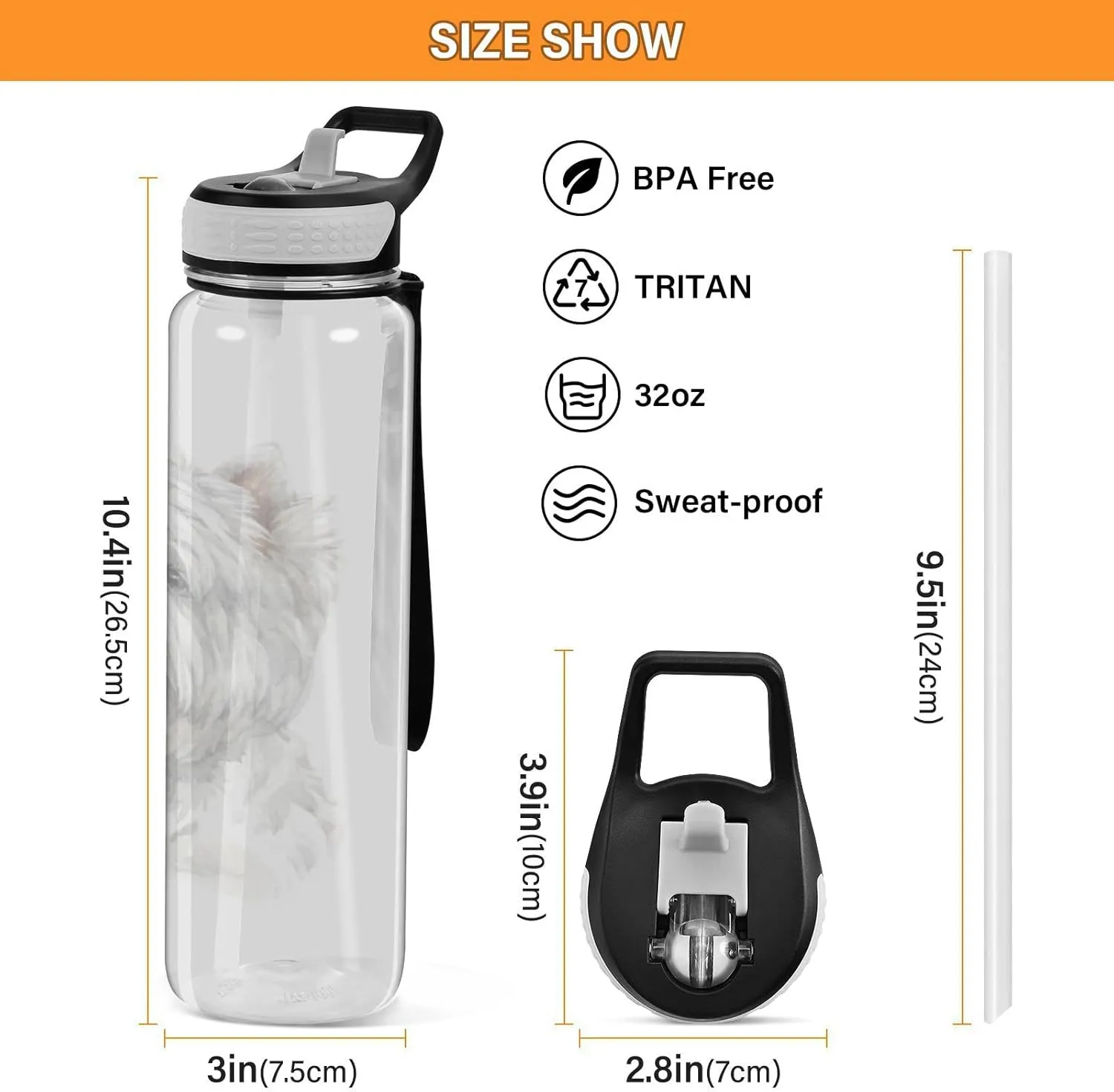 Oyihfvs West Highland White Terrier Breed Dog Painting on White Transparent Sports Water Bottle 32 Oz, with Straw Lid Leakproof Reusable Water Bottle, Water Bottle for Fitness Gym Outdoor