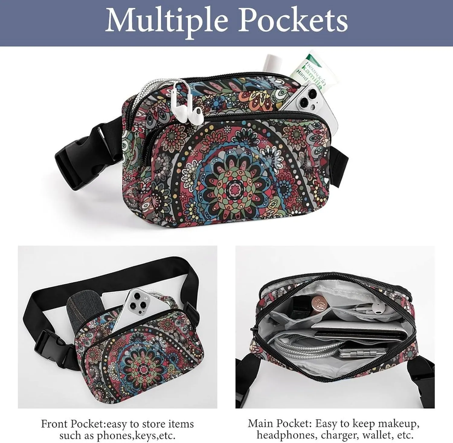 Paisley Boho Style Large Capacity Portable All Print Waist Bag