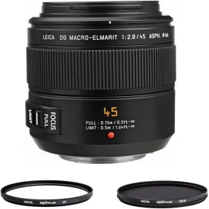 Panasonic LUMIX G Leica DG Macro-Elmarit 45mm f/2.8 Aspherical Lens for Micro Four Thirds, Bundle with Hoya 52mm UV CPL Filter Kit and Cleaning Cloth