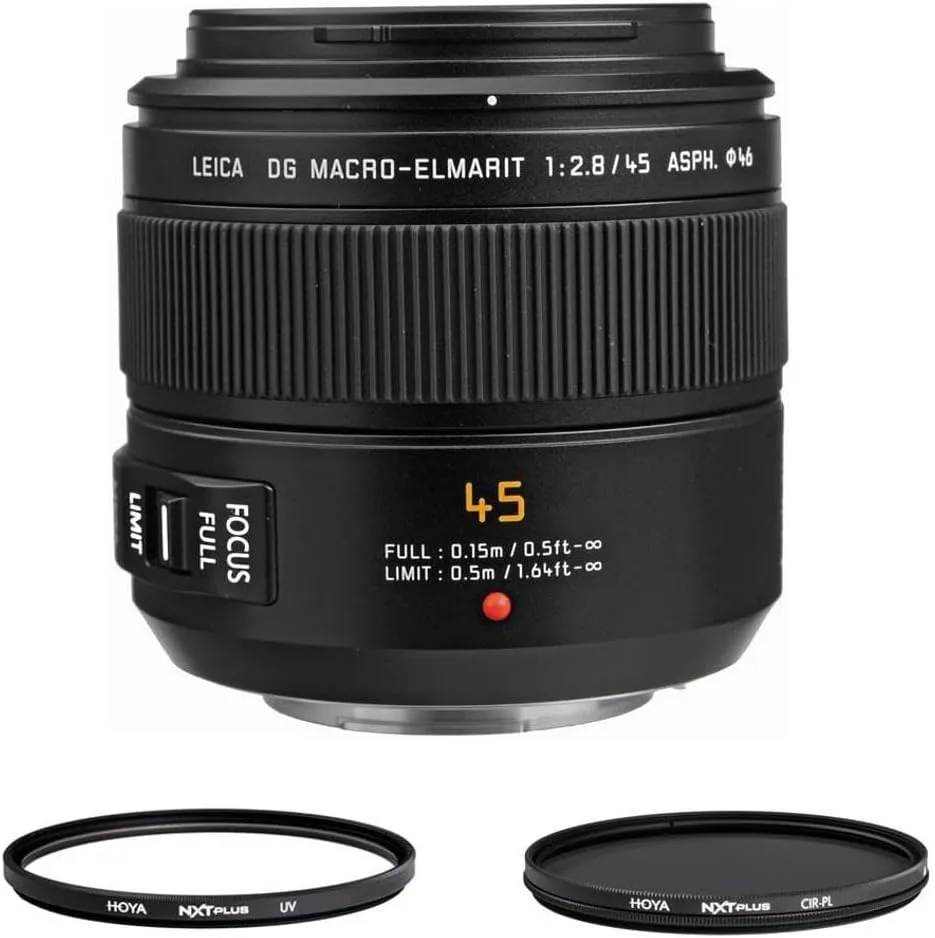 Panasonic LUMIX G Leica DG Macro-Elmarit 45mm f/2.8 Aspherical Lens for Micro Four Thirds, Bundle with Hoya 52mm UV CPL Filter Kit and Cleaning Cloth