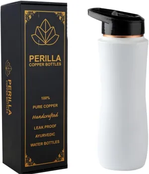 Perilla Home 100% Pure Copper Bottle with Sipper & Lid 25.37 Oz Ayurvedic Water Bottle Multipurpose Bottle for Gym, Travelling, Outdoors, Indoors Leak Proof (White)