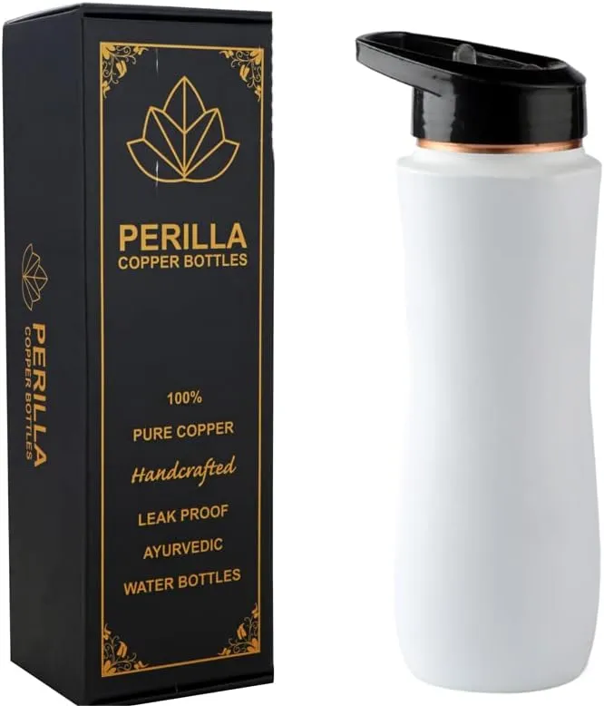 Perilla Home 100% Pure Copper Bottle with Sipper & Lid 25.37 Oz Ayurvedic Water Bottle Multipurpose Bottle for Gym, Travelling, Outdoors, Indoors Leak Proof (White)