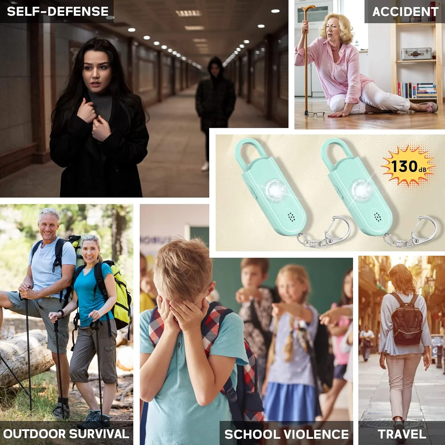 Personal Safety Alarm Keychain for Women 2PCS -130 dB Loud Siren with SOS Strobe Light, Flashlight, Double Speakers, Safe Defense Key Chain for Girls Kids Elders Emergency Call