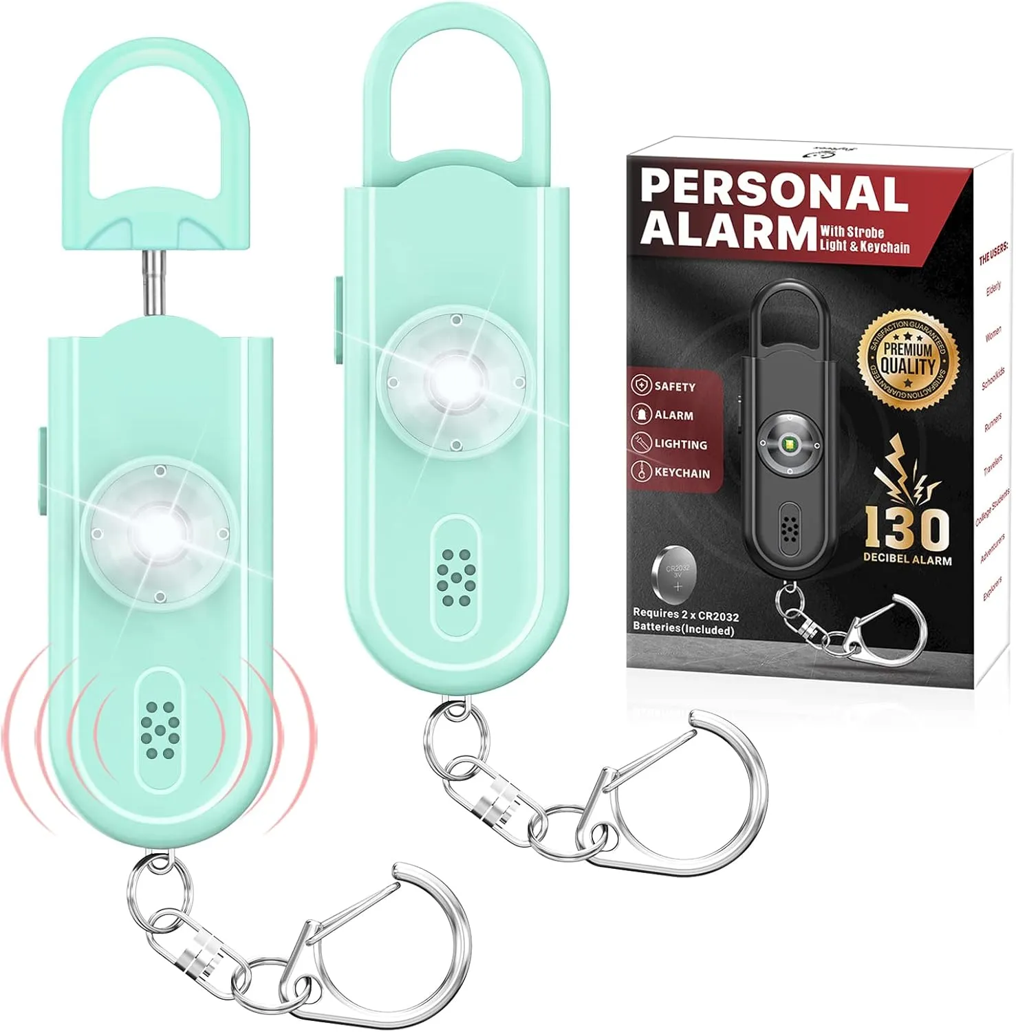 Personal Safety Alarm Keychain for Women 2PCS -130 dB Loud Siren with SOS Strobe Light, Flashlight, Double Speakers, Safe Defense Key Chain for Girls Kids Elders Emergency Call